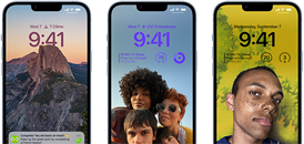 Three iPhone 14 displays illustrating personalization options for the Lock Screen.