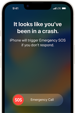 An iPhone 14 screen displaying the Crash Detection screen with an SOS Emergency Call prompt.
